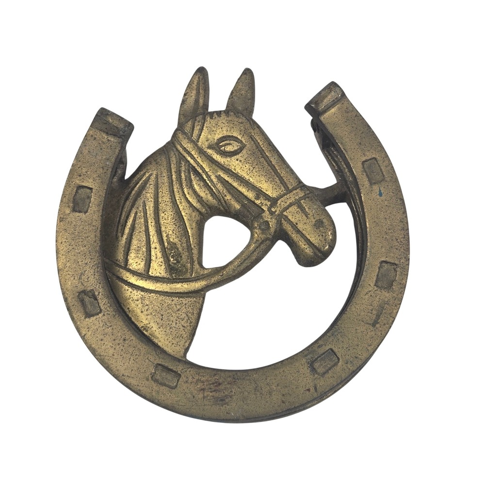 Vintage Door Knocker Horse Head Horseshoe Brass Gold 3.5" Western Decor VIDEO